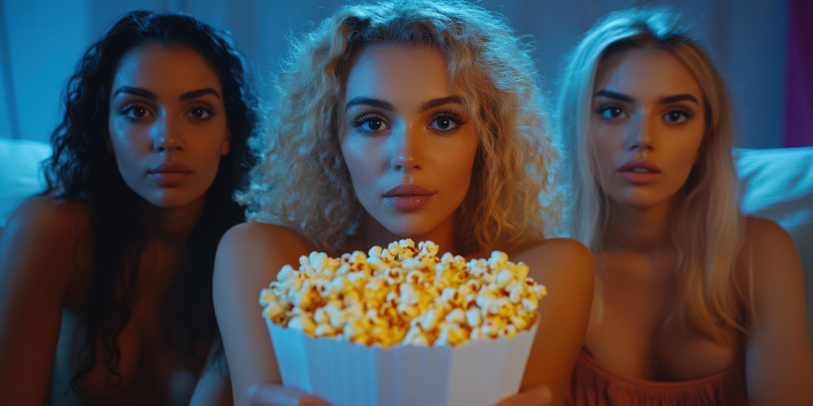 Friends enjoy a movie night together while sharing a bowl of popcorn in a cozy setting